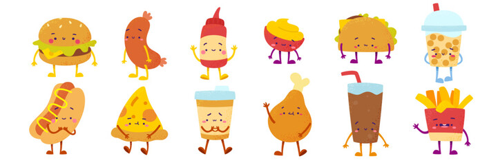 Cute fast food characters set. Cartoon textured street food collection. Vector fast food bundle.