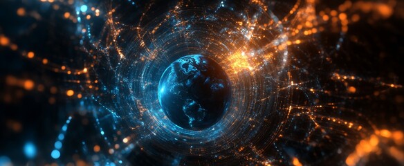 Digital background featuring blue and orange glowing data connections with Earth in the center, dark theme