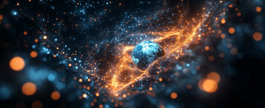 Digital background featuring blue and orange glowing data connections with Earth in the center, dark theme