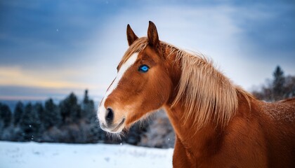 Fototapeta premium majestic brown horse with striking blue eyes in snowy autumn landscape