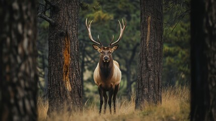 An elk stands gracefully amidst tall trees, surrounded by lush greenery during golden hour.