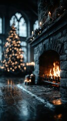 Obraz premium Cozy fireplace with glowing flames beside a beautifully decorated Christmas tree in a warm, inviting living space