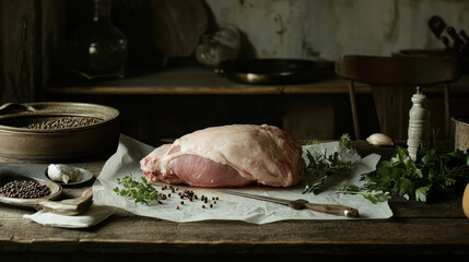 A fresh raw pork shoulder on parchment paper, surrounded by herbs, peppercorns, and a vintage meat cleaver in a rustic kitchen setting 