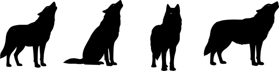 Howling wolf silhouette illustration, wild animal black vector, forest predator outline, standing and sitting wolf pose, wildlife graphic clipart for nature, hunting, wilderness art © Monir Worlds