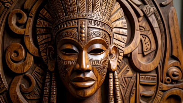 Intricate wooden mask with geometric tribal carvings, featuring traditional ceremonial headdress and face detail, brown wood grain texture