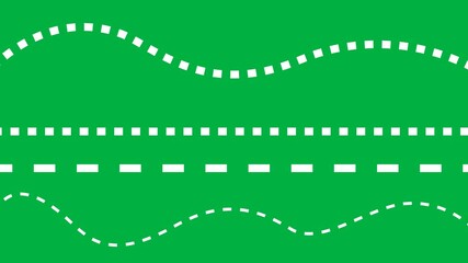 Set of moving dash lines. dotted path animation. different dashed line on green screen. dashed line animation with continuous loop