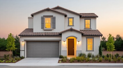 Fototapeta premium Elegant Modern Home with Warm Lights in Serene Suburban Setting
