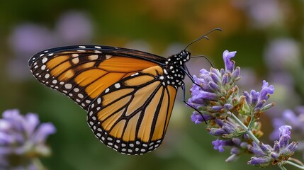 Monarch butterfly sits flower feeding close-up with shallow depth of field. AI generated