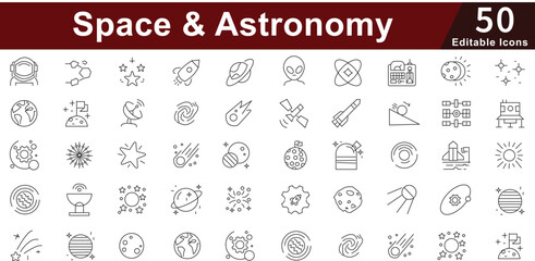 Space & Astronomy Line Icons set- Universe, Planets, Galaxy, Stars & Exploration Vector Set. Editable Stroke 
