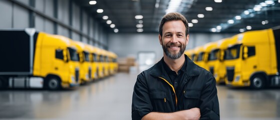 Bearded Man in Black Work Shirt Smiling Confidently with Yellow Semi-Trailer Trucks in Warehouse