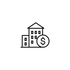 Simple icon depicting a building next to a dollar sign, representing real estate investment.