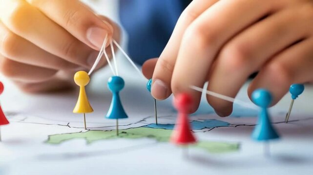 Hands connecting string between thumbtacks to show a strategic map