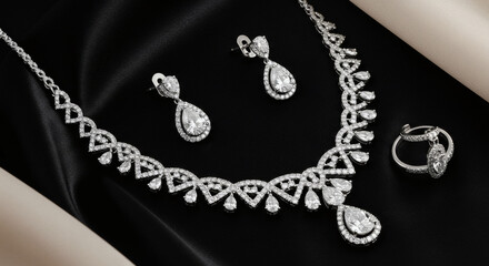 Elegant Bridal Jewelry Set Diamond Necklace Earrings and Ring on Black Silk
