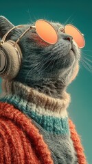 Cool cat wearing sunglasses and headphones enjoys a stylish moment indoors in vibrant colors