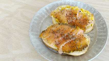 Open sandwich with salmon and egg filling