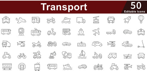 Transport & Vehicle Line Icons set - Travel, Delivery, Logistics, Commute & Mobility Vector. Editable Stroke 