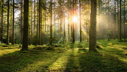 Obraz premium ein morgen im wald mit heller sonne