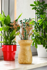 Textured Wooden Vase with Decorative Dry Plants - Rustic Home Styling and Eco Decor Element