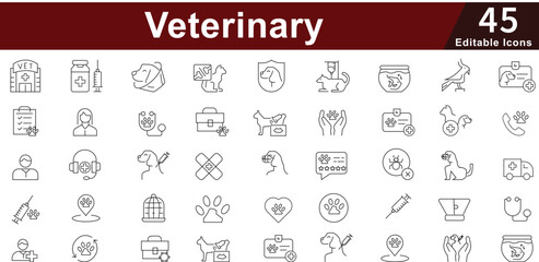 Veterinary and Pet Care Line Icons set - Animal Health, Clinic, Medicine and Welfare Vector Set. Editable Stroke 