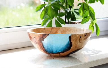 Handcrafted Wooden Bowl with Turquoise Epoxy Resin - Artistic Home Decor and Interior Accent Piece