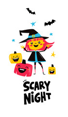 Cute Halloween Witch with Pumpkins and Bats. Happy Halloween Greeting Illustration