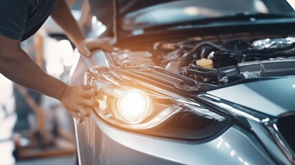 Close-Up of Man’s Hands Adjusting Headlight of Modern Silver Car with Open Hood