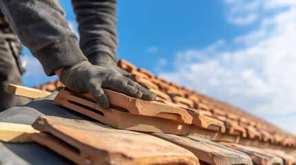 Close-Up of Roofer Placing Terracotta Clay Roof Tiles on Residential House