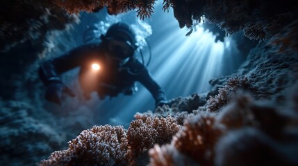 Underwater exploration reveals a diver navigating through a stunning cave adorned with coral formations, with shafts of sunlight creating a magical atmosphere