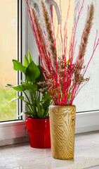 Bright Decorative Grass and Dried Plants in Yellow Vase - Vibrant DIY and Interior Styling Prop