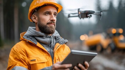 man wearing an orange work jacket and hard hat supervises a drone operation in a wooded area. He holds a tablet, focused on controlling the drone above him amid construction activity
