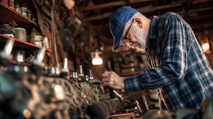 Elderly Male Mechanic Working on Vintage Car Engine in Rustic Garage