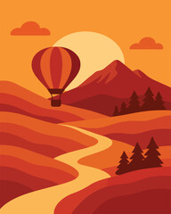 mountain view passed by hot air balloon. vektor