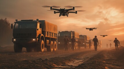 Fototapeta premium Fleet of Surveillance Drones Flying Above Soldiers with Military Trucks on Muddy Road