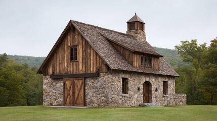 Rustic Stone House with Wooden Accents in Scenic Landscape Setting