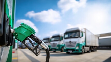 Green Fuel Nozzle at Eco-Friendly Refueling Station – Sustainable Transportation with Modern Trucks