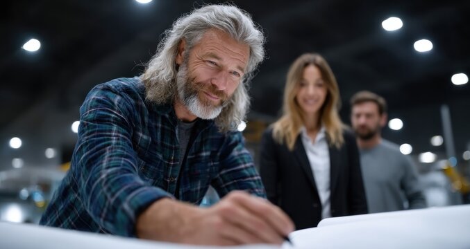 architect with long hair smiles as he sketches a design on paper in a contemporary workspace, while two colleagues engage in a collaborative discussion nearby