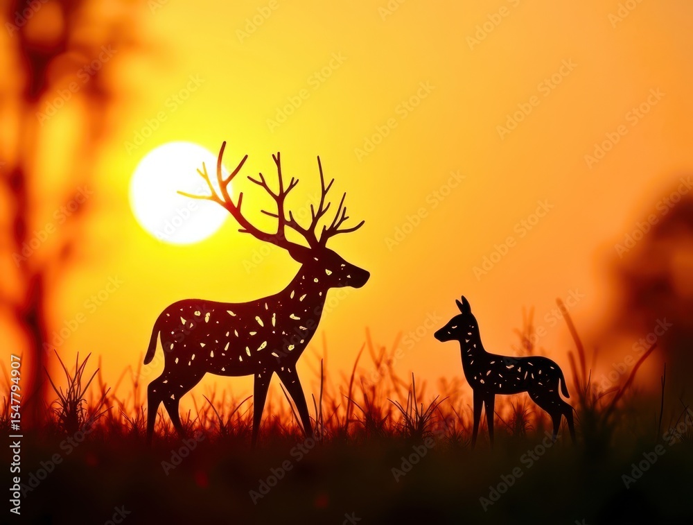 Poster A deer and a fawn are standing in a field with the sun setting in the background