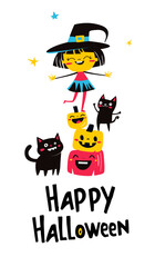 Cute Halloween Witch with Pumpkins and Black Cats. Happy Halloween Greeting Illustration