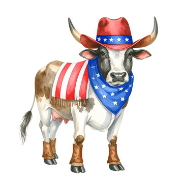 Cowboy Cow Adorned in Patriotic Attire: An illustrative portrayal of a cow, patriotically dressed in a cowboy hat, bandana, and boots, set against a backdrop of Americana.
