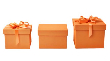 Three orange gift boxes with ribbons in varying sizes isolated on a white background