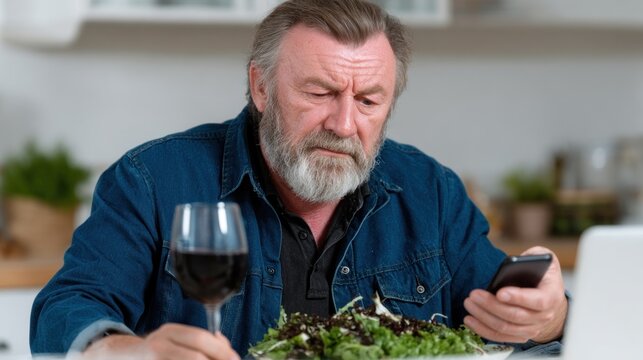senior man with a beard sits at a dining table, engrossed in his smartphone, with a glass of red wine and fresh salad before him, blending digital and culinary experiences