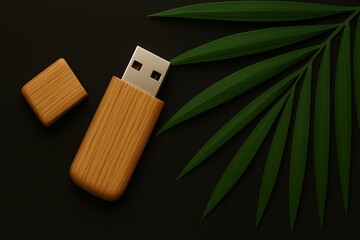 Wooden USB drive with cap removed on dark background, surrounded by green palm leaves. Ideal for eco-friendly branding, sustainable tech concepts, digital storage promotions, nature-inspired design.