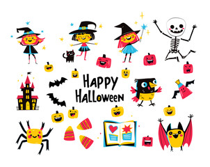 Cute Halloween Cartoon Stockers Witches, Skeleton, Pumpkins and Bats. Happy Halloween Illustration