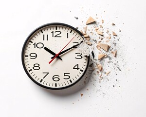 Broken clock with separated hands, urgency concept, isolated.