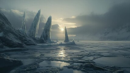 Frozen landscape with sharp ice formations at sunset, reflecting in a cracked icy sea - Powered by Adobe