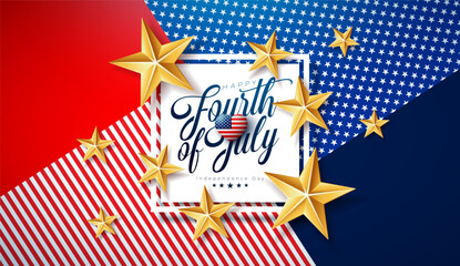 4th of July Independence Day of the USA Vector Illustration with Gold Star and Typography Letter on American Flag Pattern Background. Fourth of July National Celebration Design for Banner, Greeting