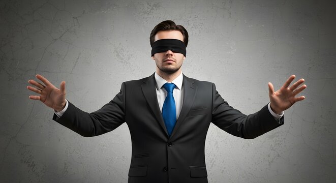 Blindfolded Businessman Uncertainty, Risk, and the Future of Business - Powered by Adobe