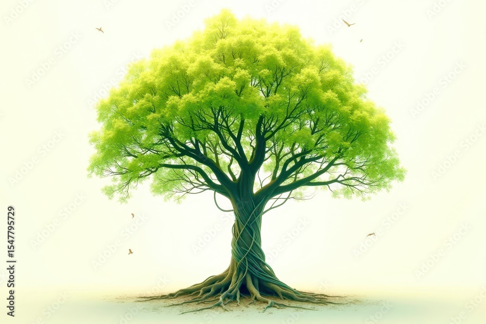 Poster A large tree with green leaves and a trunk that is twisted