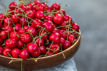 Fresh cherries picked from the tree. Fragrant sour cherries, the favorite fruit of spring