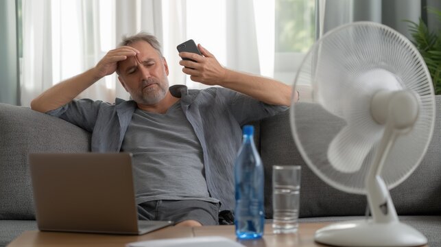 Tired Man on Couch with Fan – Everyday Struggle with Heat and Climate Change